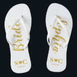 Bride Flip Flops für Hochzeit, Bachelorette | Gold<br><div class="desc">Flip Flops für die Braut in weiß und gold. Sie können für Ihre gesamte Hochzeitsfeier und Gäste für Ihre Hochzeit,  Dusche oder Bachelorette Wochenende anpassen.</div>