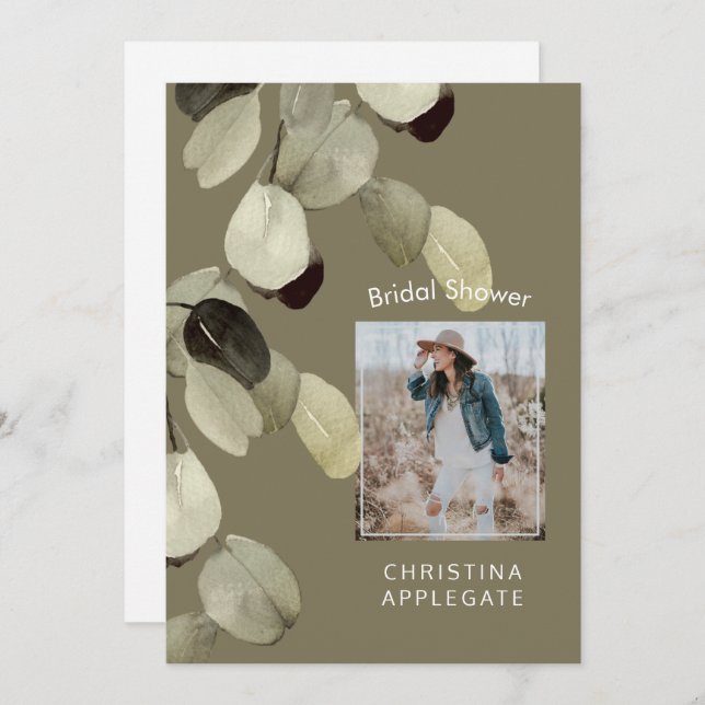 Bride Foto Eucalyptus Dark Khaki Brautparty Einladung (Vorne/Hinten)