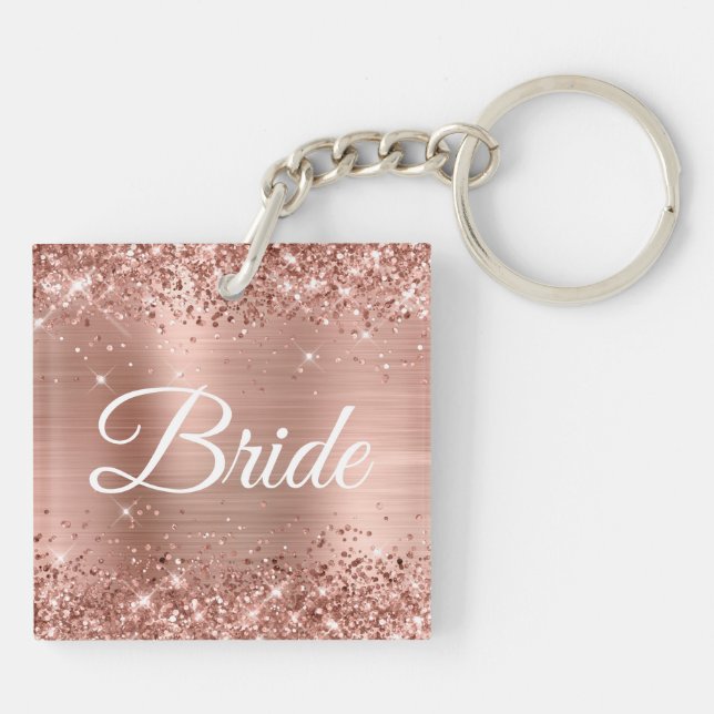 Bride Glittery Rose Gold Extravagant Monogram Schlüsselanhänger (Rückseite)