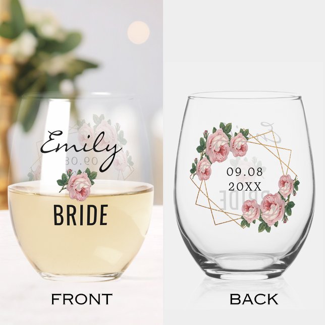 Bride Gold Glitzer Geo Pink Blumenzehen Weinglas Ohne Stiel (Bride Gold Glitter Geo Pink Floral Wedding Stemless Wine Glass)