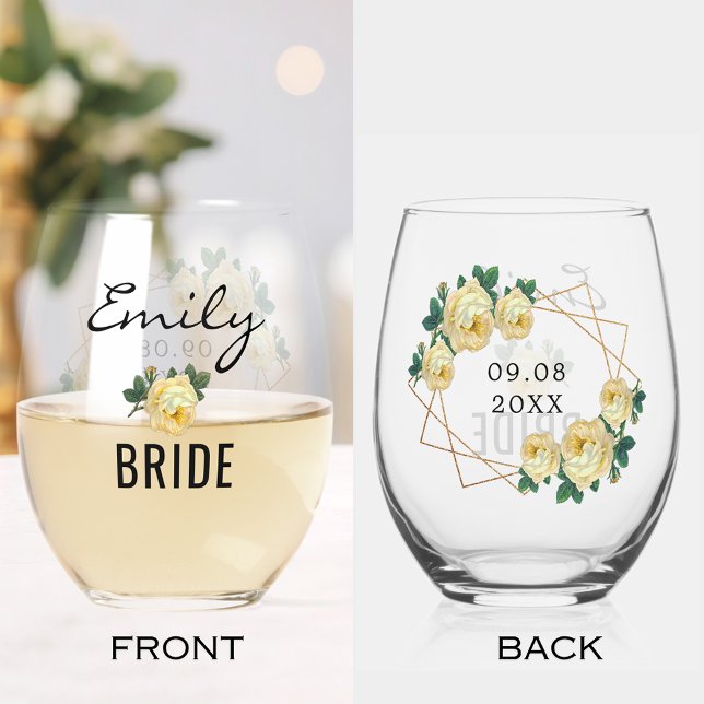 Bride Gold Glitzer Geometric Yellow Floral Wedding Weinglas Ohne Stiel (Bride Gold Glitter Geometric Yellow Floral Wedding Stemless Wine Glass)