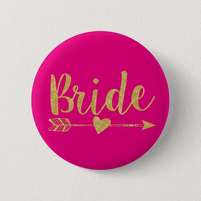 Bride | Golden & Hot Pink, Glitzer druckend Button (Vorderseite)
