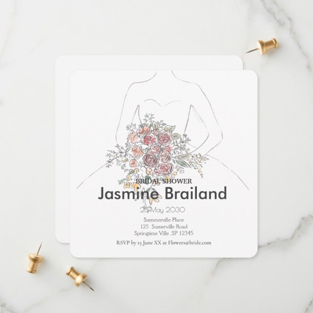 Bride Gown mit floral Bouquet Brautparty Save The Date (Vorderseite/Rückseite Beispiel)