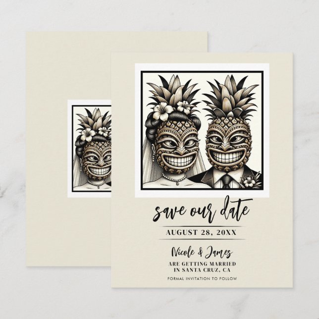 Bride & Groom Aloha Ananas Tiki Save the Date Einladung (Vorne/Hinten)
