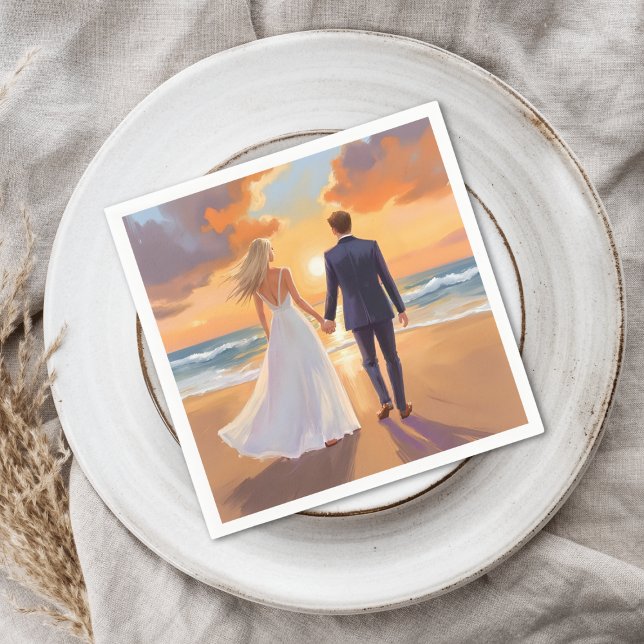 Bride & Groom Beach Wedding Watercolor Serviette (Von Creator hochgeladen)