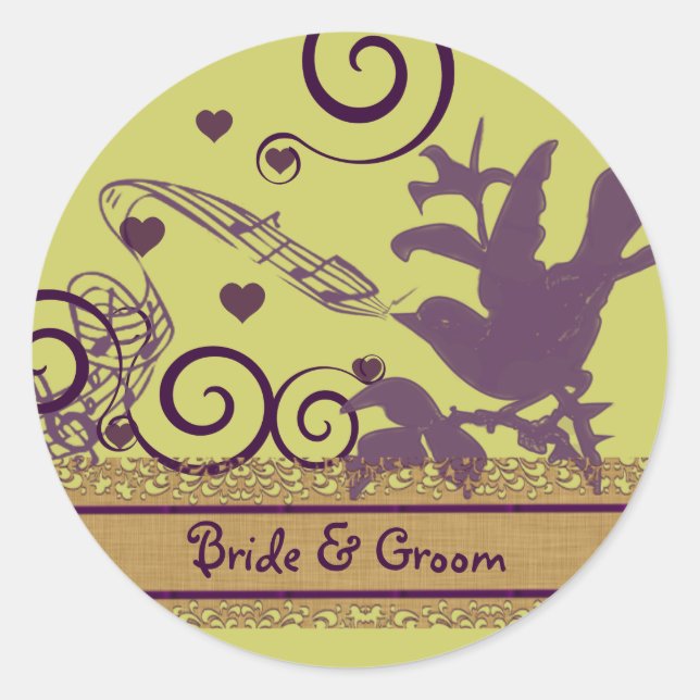 Bride & Groom Bird Swirl Lila & grüne Hochzeit Runder Aufkleber (Vorderseite)