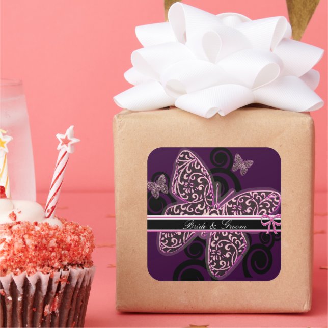 Bride Groom Butterflies Swirl Lila Schwarz-weiß Quadratischer Aufkleber (Party)