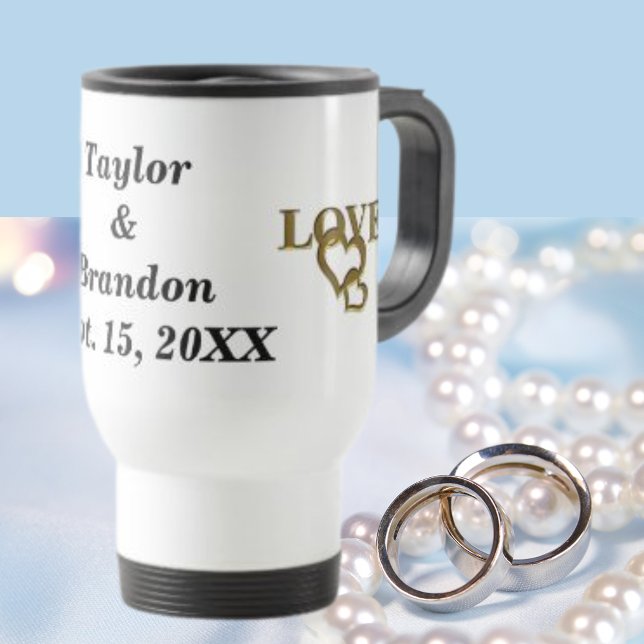 Bride & Groom Custom Name & Date Gold Love Hearts Reisebecher (Bride & Groom Custom Name & Date Gold Love Hearts Travel Mug)