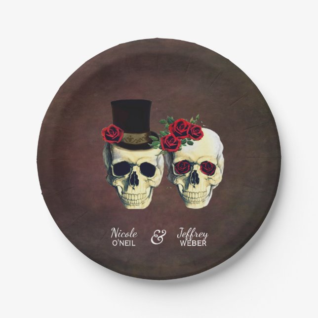 Bride & Groom Goth Skulls Hochzeitspapier-Teller Pappteller (Vorderseite)