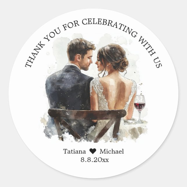 bride & groom illustration thank you wedding runder aufkleber (Vorderseite)