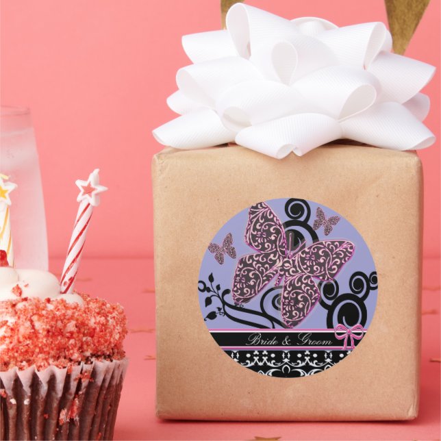 Bride & Groom Schmetterlinge Wirbel Pink Black & W Runder Aufkleber (Party)