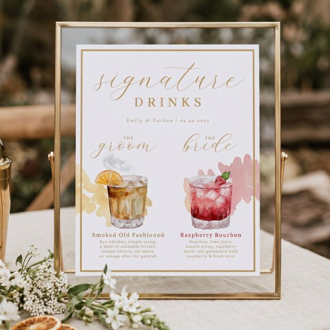 Bride & Groom Signature Drinks Aquarellcocktail Poster (Bride & Groom Signature Drinks Watercolor Cocktail Poster)