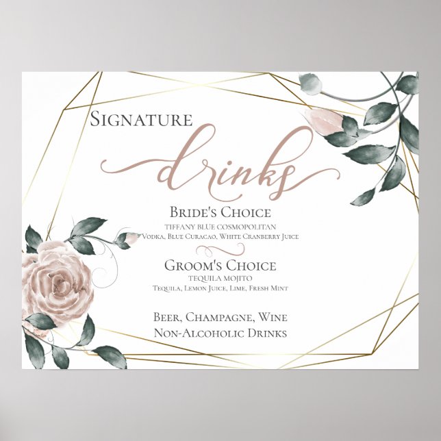 Bride Groom Signature Drinks Bar Menu Rosa 2 Poster (Vorne)