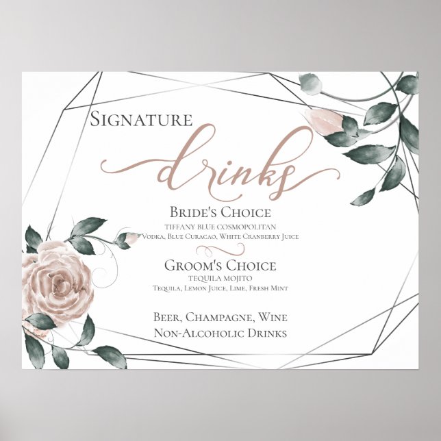 Bride Groom Signature Drinks Bar Menu Rosa Poster (Vorne)