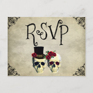 Bride & Groom Skull Wedding RSVP Card Einladungspostkarte