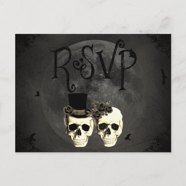 Bride & Groom Skull Wedding RSVP Card Einladungspostkarte (Vorderseite)