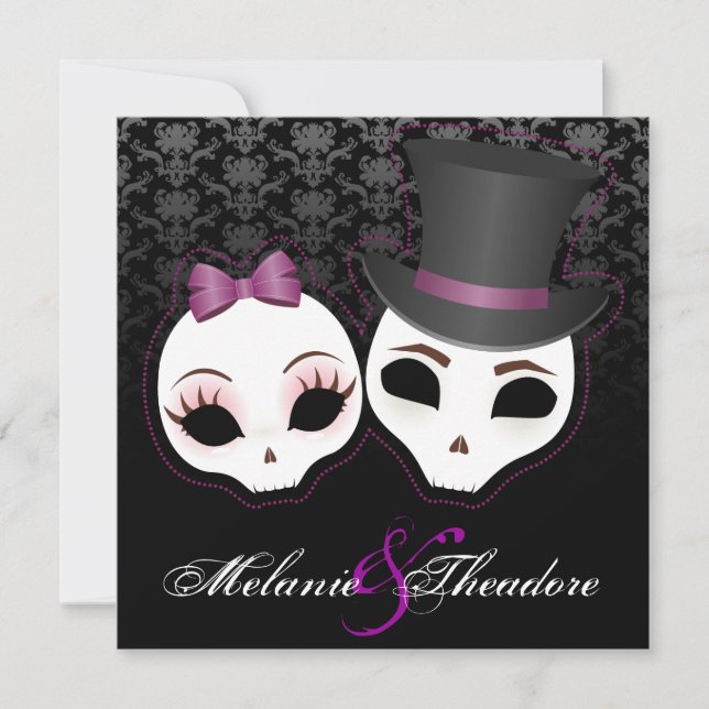 Bride & Groom Skullies (Violet) Einladung (Vorderseite)