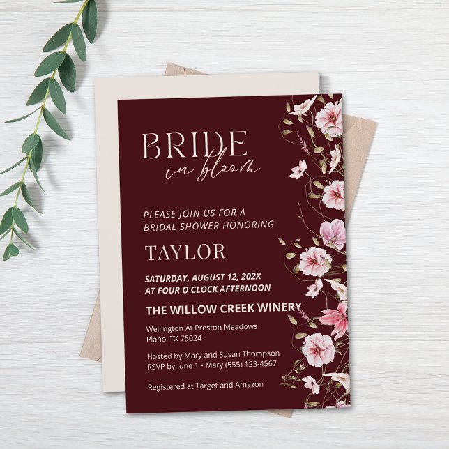 Bride in Bloom Burgundy Floral Bridal Shower Einladung (Von Creator hochgeladen)