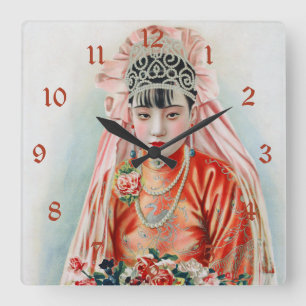 Bride in Chinese Red Wedding Shanghai Yuefenpai Quadratische Wanduhr
