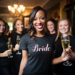 Bride Light Pink Script Black Wedding T-Shirt<br><div class="desc">Einfaches und schicker T-Shirt mit hellrosa Schrift "bride" Design. Macht ein tolles Hochzeitsgeschenk!</div>