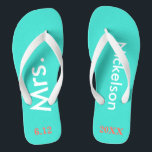 Bride Mrs. Turquoise Blue Flip Flops<br><div class="desc">Hell türkis blau mit Frau und Nachname geschrieben in weißem Text und Datum der Hochzeit in Korallen zu personalisieren. Hübsches Strandziel oder Flitterwochen flip Flops für die neue Braut. Originale Entwürfe von TamiraZDesign.</div>