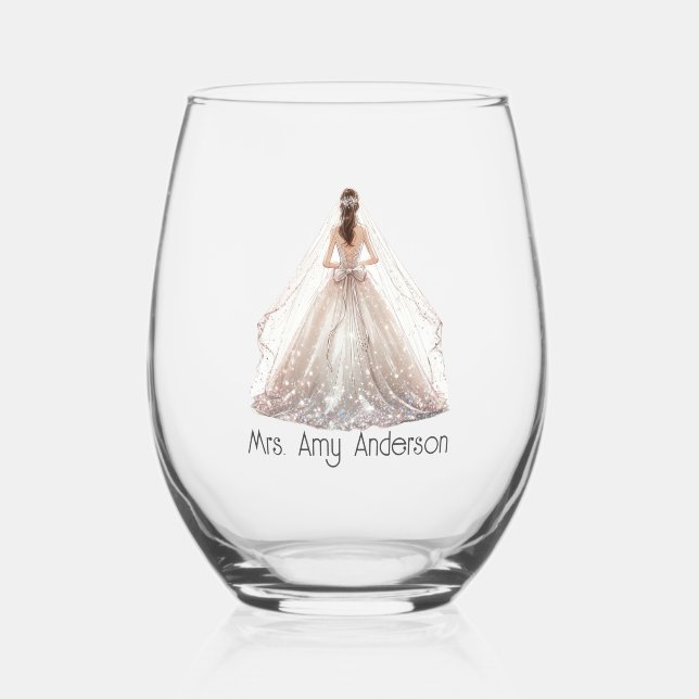 Bride Mrs. Wedding Dress Bridal Geschenk Custom Weinglas Ohne Stiel (Vorderseite)