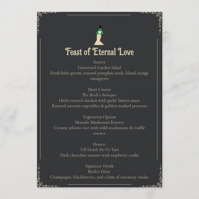 Bride of Frankenstein Wedding Menu | Gothic Menükarte (Vorderseite)