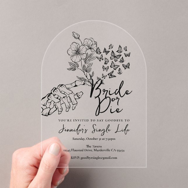 Bride or Die Black Floral Bachelorette Party Acryleinladungen (Insitu (Handheld))