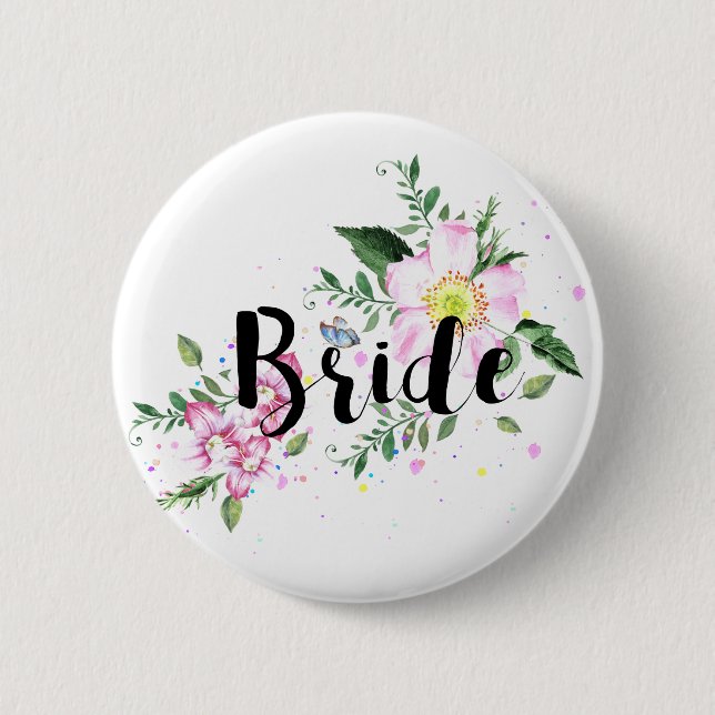 Bride Pink Floral Watercolor Hochzeitsstift Brautp Button (Vorderseite)