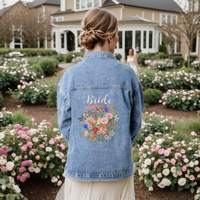 Bride Script Country Chic Watercolor Wilde Blume Jeansjacke (Hochzeit Rückseite)