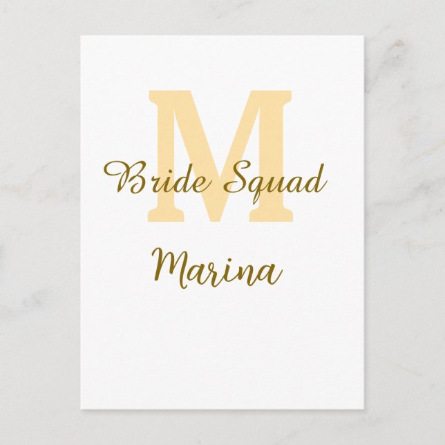 Bride squad monogram golden bridal shower simple  postkarte (Vorderseite)