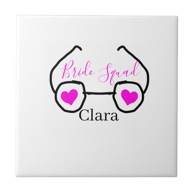 Bride Squad rosa schwarze Brille Herz Brautjungfra Fliese (Vorderseite)