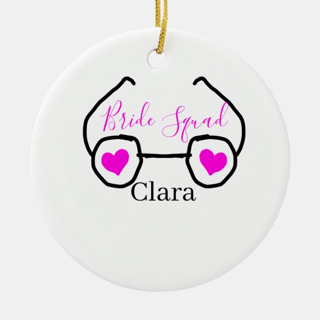 Bride Squad rosa schwarze Brille Herz Brautjungfra Keramik Ornament (Vorne)