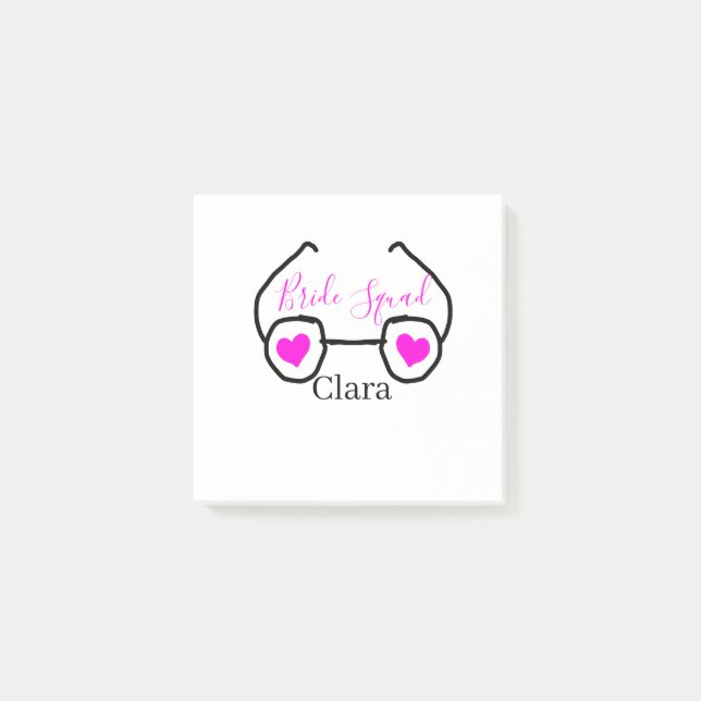 Bride Squad rosa schwarze Brille Herz Brautjungfra Post-it Klebezettel (Vorderseite)
