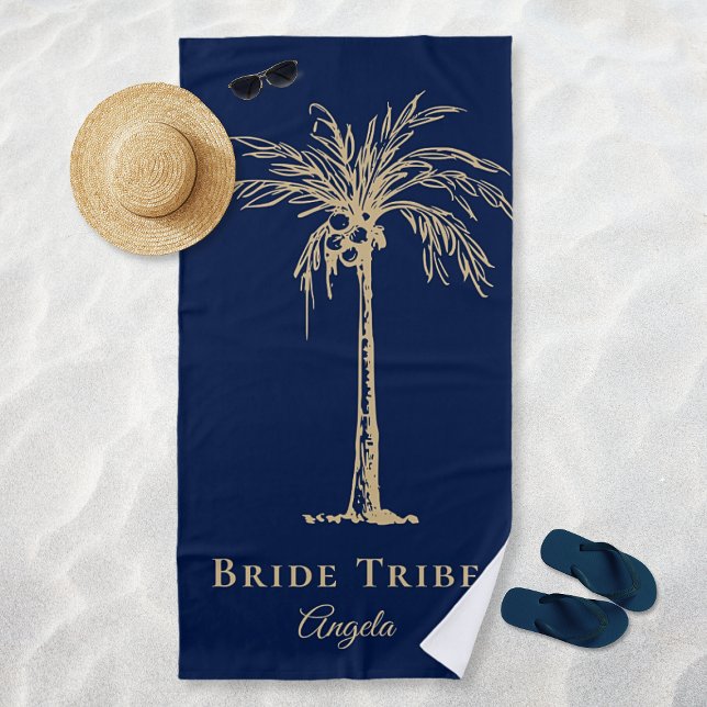 Bride Stam Navy Blue Gold Palm Tree Custom Strandtuch (Bride Tribe Navy Blue Gold Palm Tree Custom Beach Towel)