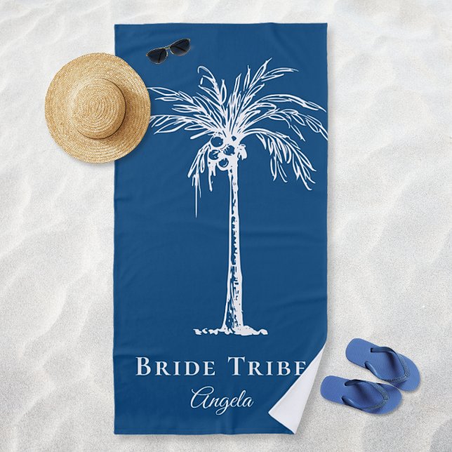 Bride Stamm Blue White Palm Tree Custom Strandtuch (Bride Tribe Blue White Palm Tree Custom Beach Towel)