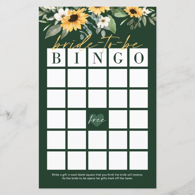 Bride-to-be Bingo Sonnenblumen Brautparty Spiel (Vorderseite)