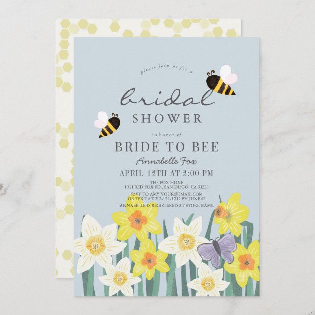 Bride to Bee Daffodil Blue Brautparty Einladung (Vorne/Hinten)
