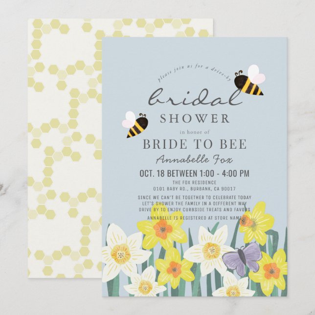 Bride to Bee Daffodil Blue Drive-by-Brautparty Einladung (Vorne/Hinten)