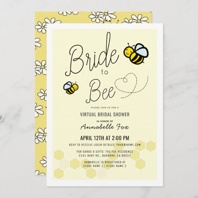 Bride to Bee Light Yellow VIrtual Brautparty Einladung (Vorne/Hinten)