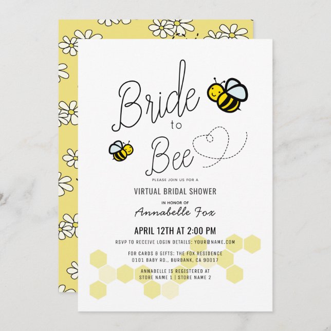 Bride to Bee White VIrtual Brautparty Einladung (Vorne/Hinten)