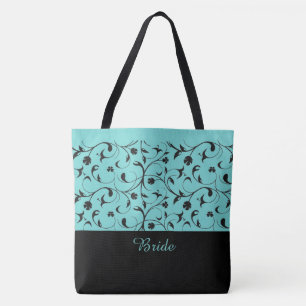 Bride Tote Bag Aqua & Black Scrolls