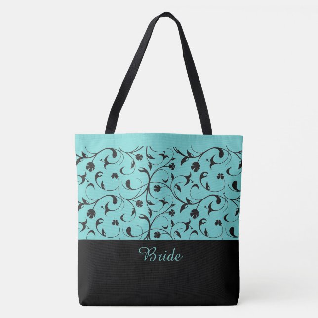 Bride Tote Bag Aqua & Black Scrolls (Vorderseite)
