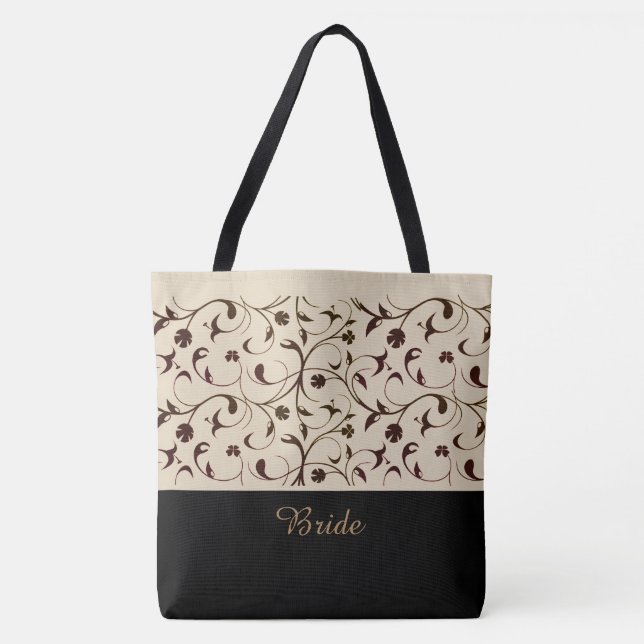 Bride Tote Tag Beige & Brown Scrolls (Vorderseite)