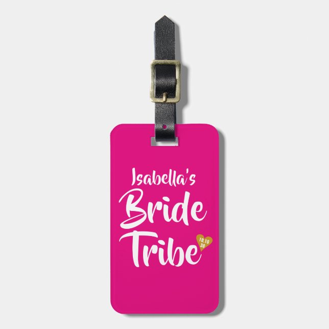 Bride Tribe Gold Date Herz Personalisiert Gepäckanhänger (Vorderseite vertikal)