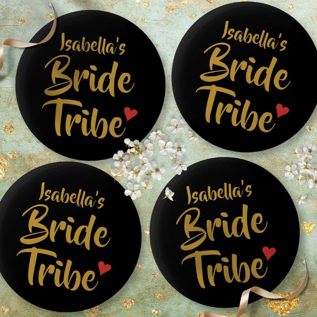 Bride Tribe Gold Script Red Heart Button (Von Creator hochgeladen)