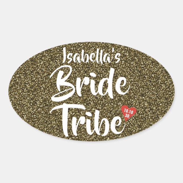 Bride Tribe Red Date Herz Personalisierter Glitzer Ovaler Aufkleber (Vorderseite)
