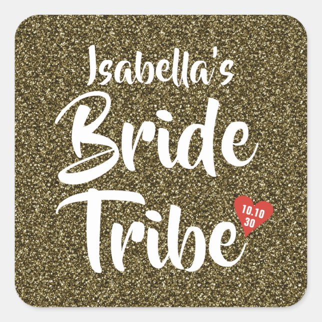 Bride Tribe Red Date Herz Personalisierter Glitzer Quadratischer Aufkleber (Vorderseite)