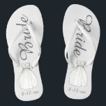 BRIDE White Princess Wedding Dress Gown Flip Flops<br><div class="desc">Flip Flops zeigen eine originelle Marker-Abbildung eines hübschen, weißen Hochzeitskleides mit BRIDE in einem lustigen Schriftart. Gutes kleines Geschenk für die Braut! Personalisieren Sie einfach das Datum Ihrer Veranstaltung. Koordination von Designs für andere Mitglieder des Brautparty. Der Designer ist verfügbar, um benutzerdefinierte Designs zu erstellen und hochzuladen, um den Farben...</div>