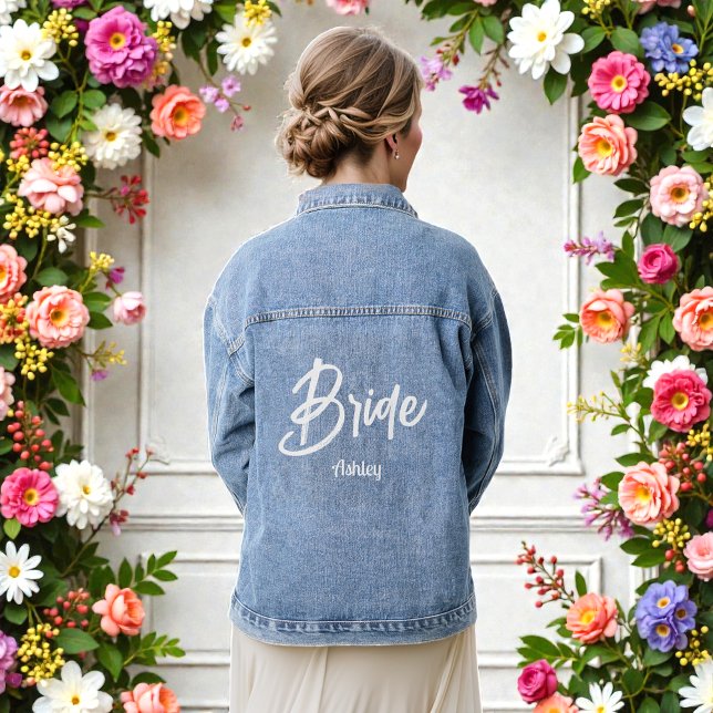Bride White Script Wedding Denim Jacket Jeansjacke (Von Creator hochgeladen)